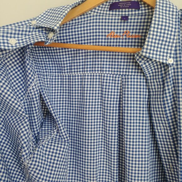 Alan Flusser Mens Large 100% cotton blue white checked button down shirt - Picture 11 of 16